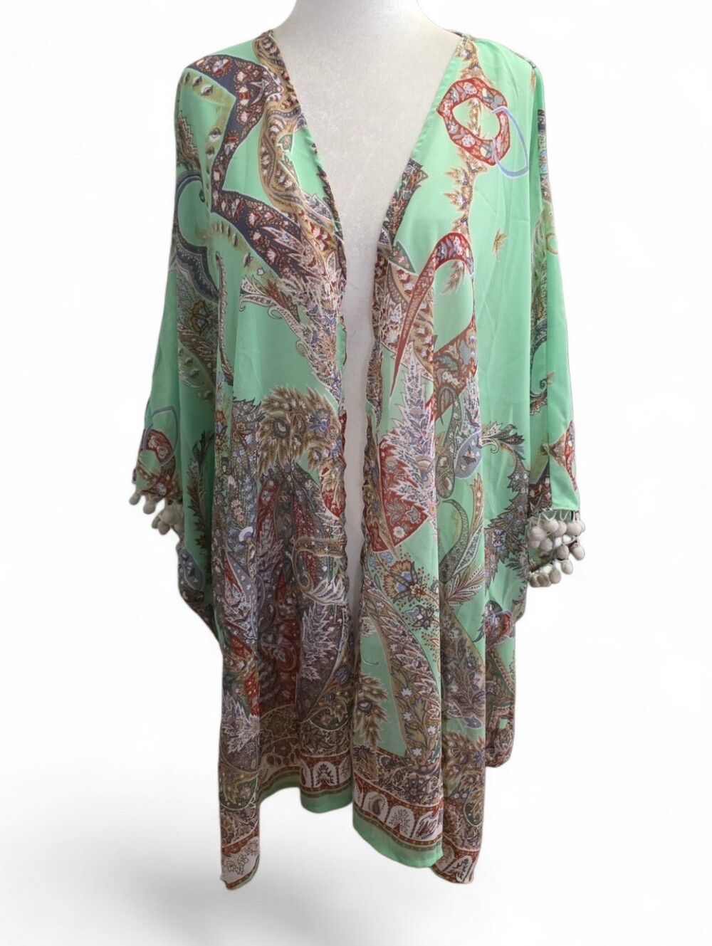 Umgee Mint Green Paisley Pom-Pom Swim Coverup Kimono